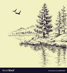 Trace with marker and color. Lake Shore Or River Bank Wallpaper Download A Free Preview Or High Quality Adobe Illustrator Ai Eps Pdf Landscape Sketch Landscape Drawings Pen Art Drawings