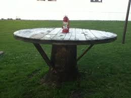 Tree Stump Table Made With Large Wire Spool Tree Stump Table Stump Table Outdoor Diy Picnic Table
