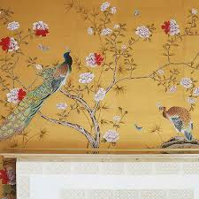 Square silk scarves white floral pattern black shawl. Traditional Wallpaper Chinese Garden With Peacocks Misha Wallcoverings Silk Floral Nature Pattern