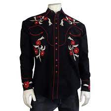 Rockmount fancy floral turq and red embroidery black rockmount ranch wear $112.00. Vintage
