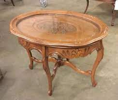 Hekman antique mahogany leather top coffee table one drawer nice! Antique Tray Coffee Table Carved Flowers Walnut Etched Glass Ef 5 Ebay
