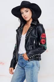A Faux Leather Moto Jacket Embellished With Round Studs And Floral Embroidered Patches Model Is 5 7 And Wearing Leather Outfit Cowgirl Outfits Colorful Jacket