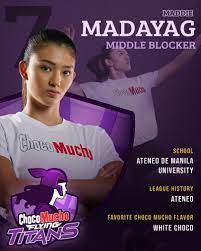 Myla pablo and the rest of the angels pounced on the weary flying titans, playing its seventh game in eight days, to take the win in the game marred by the unexpected injury to choco mucho captain maddie madayag. Choco Mucho Flying Titans 7 Maddie Madayag Middle Blocker Facebook