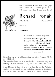 November 2, 1997 birth place: Richard Hronek Traueranzeige Trauer Infranken De