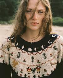 Our Fairisle-inspired Ilara Sweater is more than just a sweater-it's a  story. Hand-embroidered Moon phases along the neckline reflect the  transition from fall to winter, as nights grow longer. Symbols of corn,