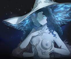 ningre huahe, ranni the witch, elden ring, 1girl, bare shoulders, blue  eyes, blue hair, blue skin, breasts, cape, colored skin, cum, cum on body,  cum on breasts, cum on upper body, extra