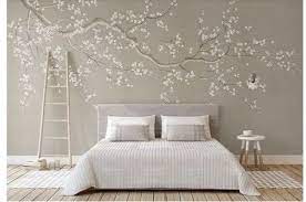 One Large Crooked Cherry Branch Wallpaper Wall Mural Abstract Cherry Blossom Flowers And Birds Chinoiserie Wall Mural Wall Decor Wall Wallpaper Wall Murals Decor