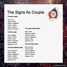 These two signs' challenge as a couple is to learn to maintain a similar pace so they can arrive at the same place at the same time. The Signs As Couple