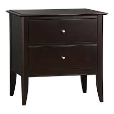 Curved brass mirrors hang above a light wooden console table placed against white wainscoting and accented with dip dyed woven bins and gray geometric vases. Vendome Ii Nightstand Crate Barrel Nightstand Bedside Tables Nightstands Crate And Barrel