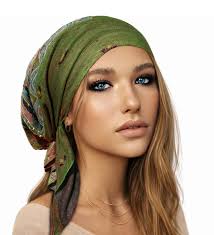 Olijfgroene hoofddoek: zachte kasjmier voorgestrikte hoofddoek,  chemovriendelijk