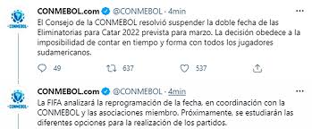 Inicio de las eliminatorias arranca en octubre y la conmebol hizo oficial los horarios de la fecha doble. Oficial Conmebol Suspendio La Doble Fecha De Eliminatorias Sudamericanas De Marzo Infobae