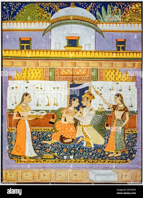 Rajasthani miniature painting from Rajasthan, India. Probably late 19th century or early 20th century. Upper class people sitting in a garden pergola enjoying entertainers one who appears to be throwing something into