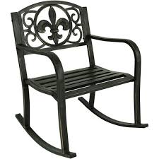 Sunnydaze Decor Fleur De Lis Black Cast Iron Outdoor Rocking Chair Yuk 010 The Home Depot In 2020 Rustic Patio Furniture Patio Rocking Chairs Outdoor Rocking Chairs