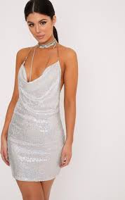 Pretty Little Thing Tarria Silver Sequin Chain Choker Mini Dress Flair Glittery Dress Mini Dress Eve Outfit