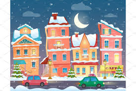 Old City Town In Winter Night City Cartoon Christmas Cartoons Fantasy City