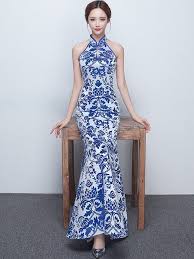 Blue Floral Halter Fishtail Qipao Cheongsam Prom Dress Traditional Dresses Chinese Wedding Dress Qipao Dress