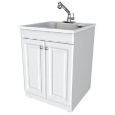 plastic laundry sink and wood cabinet