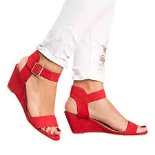 Summer Ladies Sandals Cssd Womens Fashion Solid Wedges Heel Buckle Strap Roman Shoes Sandals 7 5 Red