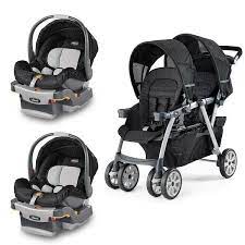 Chicco Cortina Together Double Stroller With Two Keyfit 30 Infant Car Seats In Black Fabric With Geometr Baby Car Seats Newborn Double Strollers Baby Car Seats