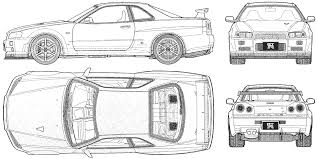 100% free cars coloring pages. 2002 Nissan Skyline Gt R R34 V Spec Ii Coupe Blueprints Free Outlines