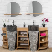 Installer un meuble double vasques dans la salle de bains pour ne plus jamais être embêté par un autre membre de la famille. Meuble Sous Vasque Double Vasque En Bois Teck Massif Vasques En Marbre Florence Naturel Noires L 180 Cm