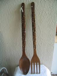 Pair Of 2 Giant Wooden Fork Spoon Wall Hanging Hand Carved Tiki Totem 36 Kitchen Decor Etsy Cutlery Art Wooden Spoons