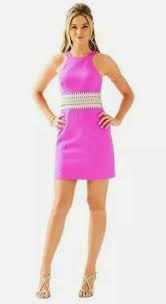Lilly Pulitzer Ashlyn Hot Pink Magenta Gold Embellished Shift Halter Dress  Sz 4