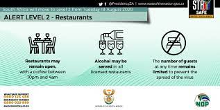 After level two has been announced we have decided to open up most of our activities with the necessary precautions to. Presidency South Africa Auf Twitter Under Level 2 Of The Nationwide Lockdown Licensed Restaurants Will Be Allowed To Serve Alcohol All Establishments Must Observe The Nightly Curfew Maintain Strict