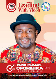 VOTE ENGR ISHMAEL OFORIBIKA/BARR CHRISTIANA TAMUNOBERETON-ARI Engr Ishmael  Oforibika, Coming reflects a huge amount of trust and confidence in his  ability to champion the Ogu/Bolo LGA towards ameliorating it to radiate a