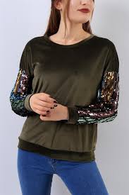 44 95 Tl Kadife Kollari Pullu Yesil Bluz 18901b Modamizbir Bluz Kadife Dantel Bluzlar