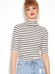 Black And White Striped T Shirt Women S Black White Polyester Striped High Neck Slim T Shirt T Shirt Black White Striped High Low Fashion White Stripes Shirt Slim Blouse