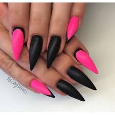 Pink theme manicure with black and grey feather and tribal designs. Hot Pink And Black Nails Design Nail And Manicure Trends