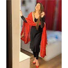 With this advantage, designers came up with a shiny material in black called the sequinned material. Black Georgette Salwar Suit With Red Dupatta In 2021 Kurti Designs Party Wear Indian Designer Outfits Fashion Design Clothes