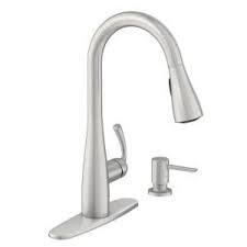 The moen brantford kitchen faucet 7185 has a classic stainless steel or bronze spot resist finish to add further value to the already unique design. Moen Essie Single Handle Pull Down Sprayer Kitchen Faucet With Soap Dispenser In Spot Resist Stainless 87014srs At Th Moen Kitchen Faucet Kitchen Faucet Faucet