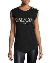 Balmain Black And Gold T Shirt Balmain Button Embellished Printed Cotton Jersey Tank In Ead Blk Gol Modesens Tshirt Women Outfit Tops Designs Tops