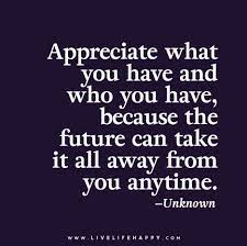 Appreciate What You Have And Who You Have Because The Future Can Take It All Away From You Anytime Positive Quotes Appreciate What You Have Life Quotes