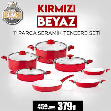 Tac Kirmizi Beyaz 11 Parca Seramik Tencere Seti Food Popcorn Maker Kitchen Appliances