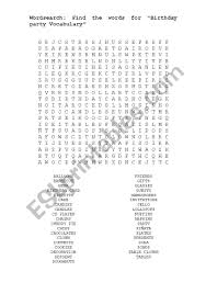 Wordsearch Bithday Party Vocabulary Esl Worksheet By Gabyvelaflor