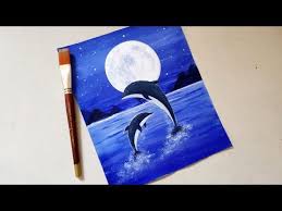 Easy Dolphin Moonlight Landscape Scenery Drawing With Acrylics Step By Step Tutorial For Beginners Dolphin Painting Animal Paintings Acrylic Moonlight Painting