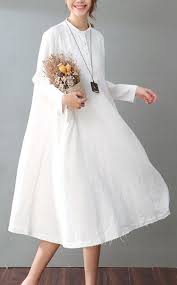 Women White Linen Clothes Stylish Fabrics Stand Collar Pockets Art Spring Dresses White Loose Dress Summer Fashion Dresses Dresses
