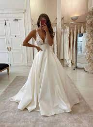 White V Neck Satin Lace Long Prom Dress Evening Dress Wedding Dress In 2020 Wedding Dresses Cheap Wedding Dresses Online Online Wedding Dress