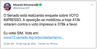 Em sua opinião, essa mudança traria a disputa eleitoral também para os tribunais. Eduardo Bolsonaro Convoca Seguidores A Se Manifestarem Por Voto Impresso Poder360
