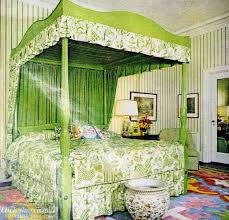 Frame attached to the ceiling and bold printed curtains for a statement. See 70 Beautiful Vintage Canopy Beds From The 1970s Click Americana