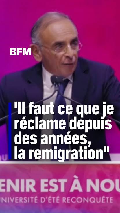 Éric Zemmour: 'Il faut ce que je réclame depuis des années, la remigration"  | BFMTV | Facebook