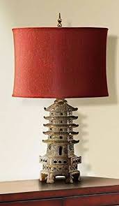 Cyan Design 02575 Pagoda Table Lamp Antique Gold Finish With Red Fabric Modified Drum Shade With Gold Lining Oriental Table Table Lamp Jar Table Lamp Lamp