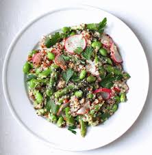 Quinoa Salad With Asparagus Edamame And Radish Via The Bitten Word Asparagus Salad Delicious Salads Edamame