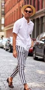 Black And White Vertical Striped Shirt Outfit Men S Tan Straw Hat Dark Brown Leather Loafers Black And White Vertical Striped Chinos White Short Sleeve Mens White Shorts Mens Clothing Styles Chinos Men Outfit