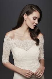 Off The Shoulder Lace Topper With 3 4 Sleeve David S Bridal In 2020 Lace Wedding Dress Topper Wedding Dress Topper Dress Topper