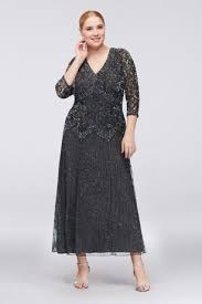 Allover Mixed Beading 3 4 Sleeve Plus Size Gown David S Bridal Plus Size Gowns Dress For Petite Women Tea Length Dresses