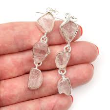 Raw Rose Quartz Silver Long Rough Pink Stone Dangle Handmade Earrings Raw Rose Quartz Earrings Handmade Pink Stone